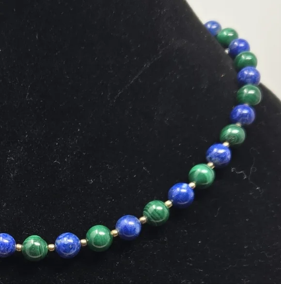 Vintage Lapis Lazuli Round Beaded Womens Necklace Gold Coated Silver Clasp - Picture 9 of 9